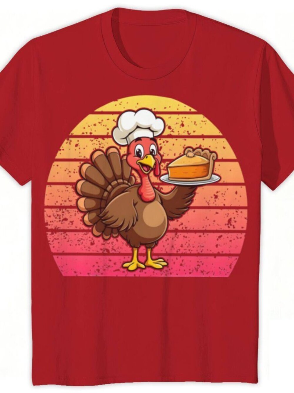 Retro Sunset Turkey Chef Pumpkin Pie Graphic Tee – Vintage Style Thanksgiving